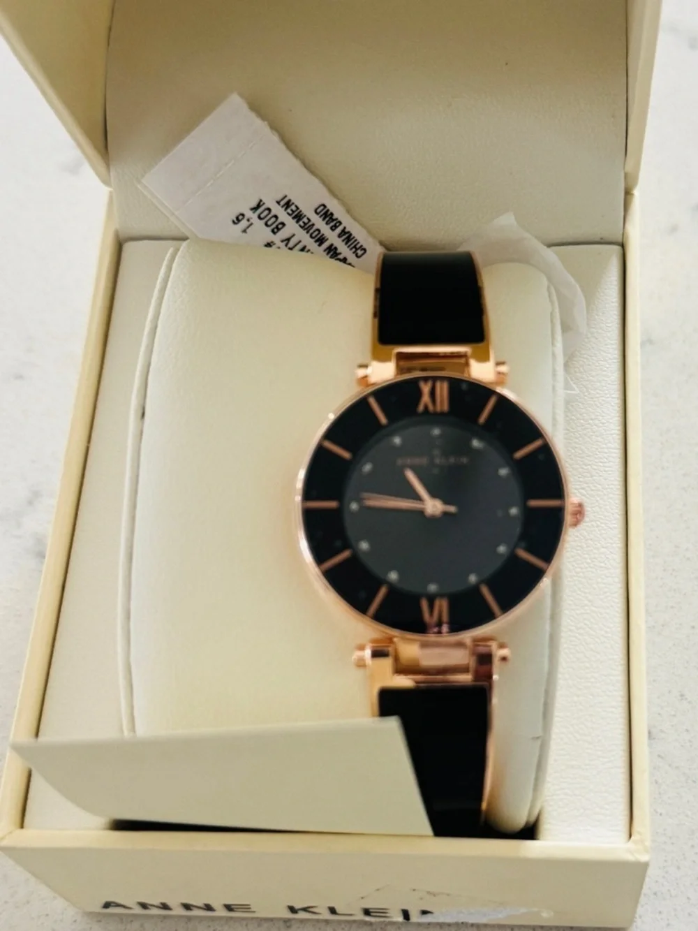 Anne Klein Rose Gold-Tone and Black Bangle Watch